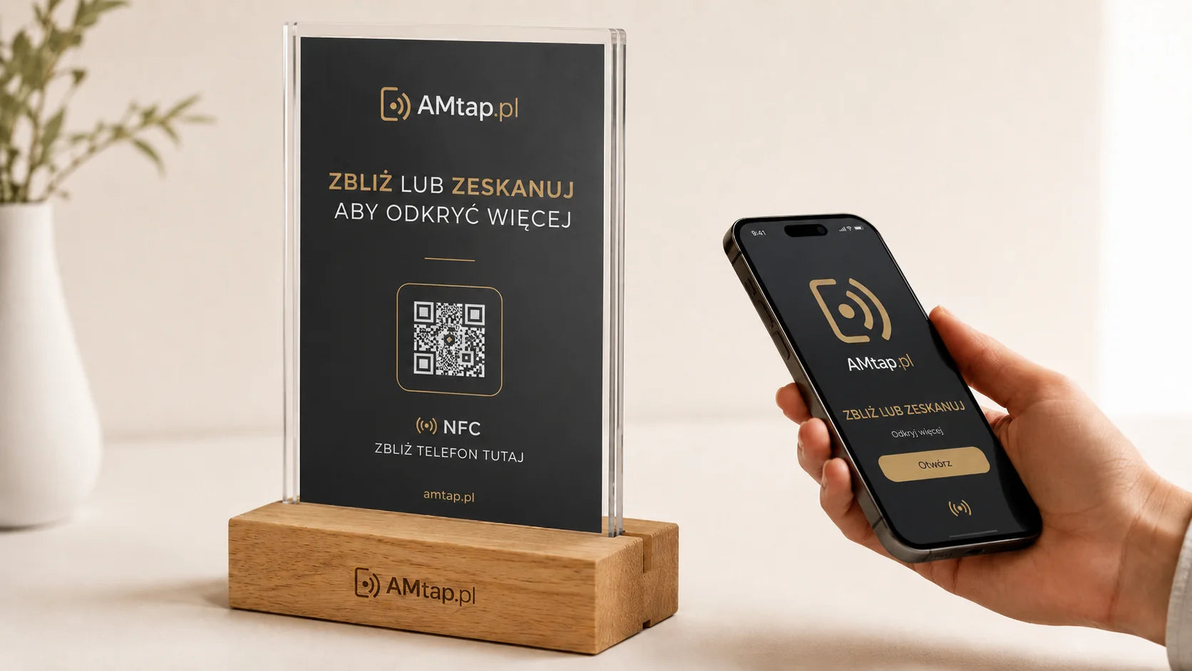 Personalizowana podstawka AMtap z kodem QR i NFC oraz telefon z polskim interfejsem