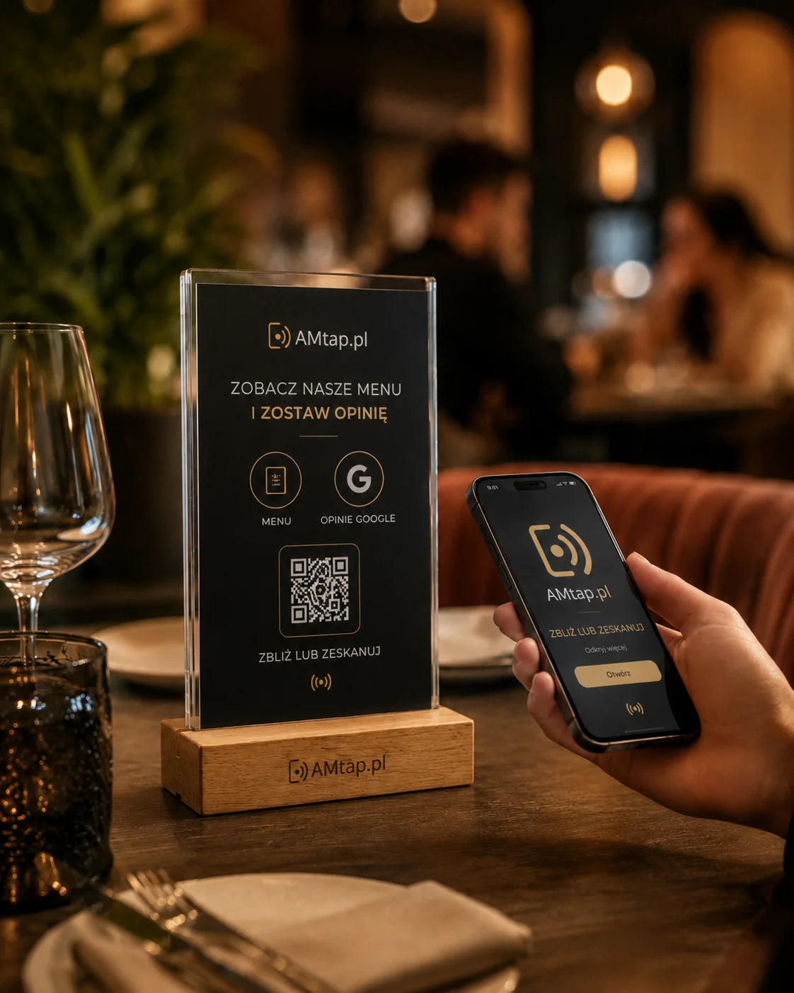 Podstawka AMtap z menu i opiniami Google w restauracji